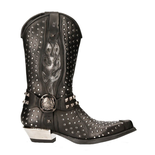 New Rock Black Leather Studded Cowboy Boots- M-7928-S1