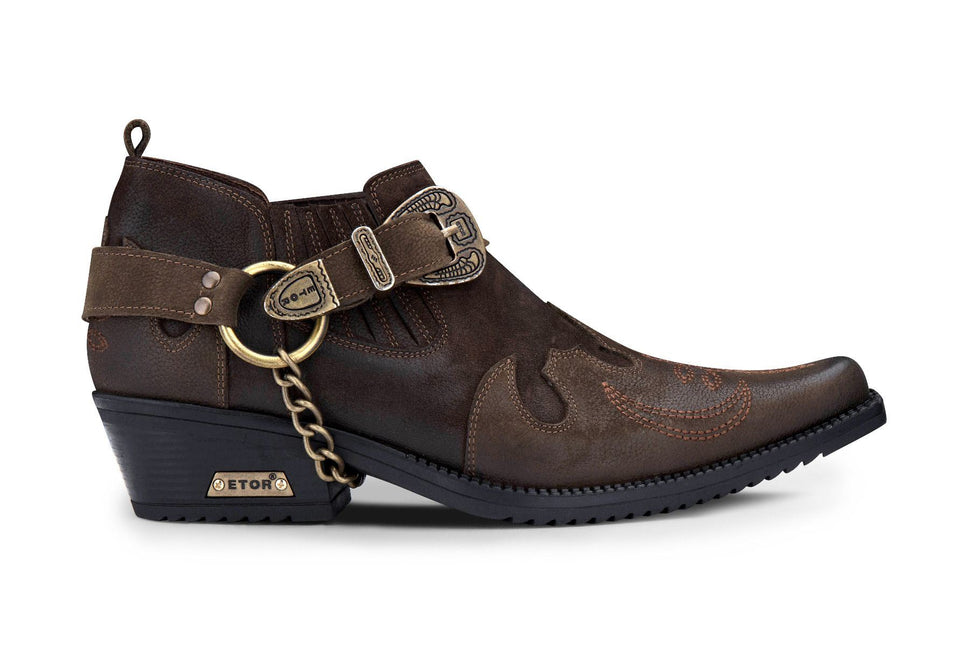 Men's Brown Leather Metal Chain Winklepicker Cowboy Boots