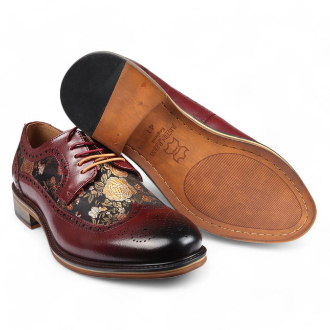 Justin Reess Men's Wine Leather Floral Print Brogue Dress Shoes - Ross