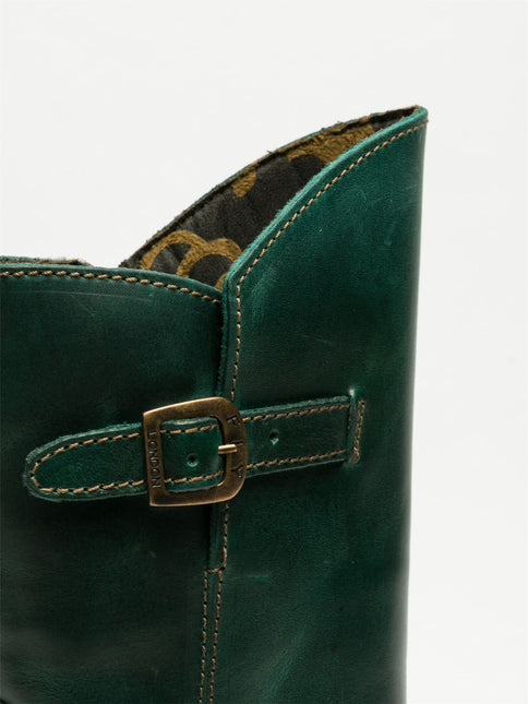 Fly London Womens Green Mes 2 Wedge Heel Buckle Mid-Calf Leather Zip Platform Boots