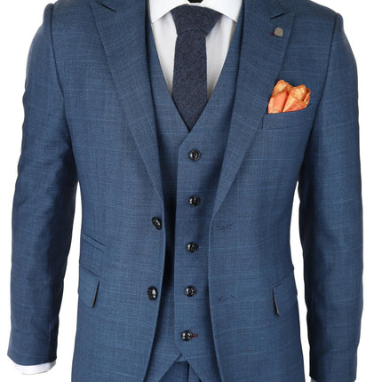 Mens 3 Piece Blue Suit Prince Of Wales Check Classic Light Tailored Fit Modern
