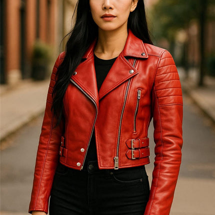 Womens Cropped Brando Leather Biker Jacket-Damascus