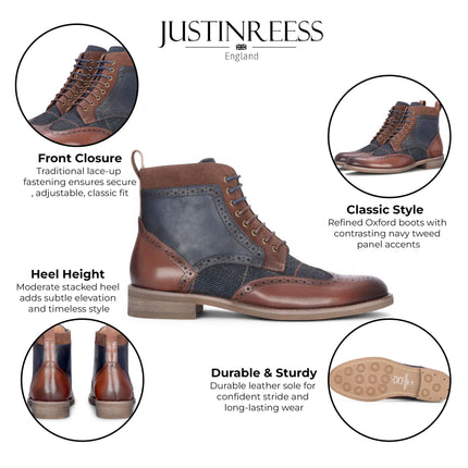 Justin Reess Men's Brown Leather Navy Tweed Oxford Shoes - Teddy