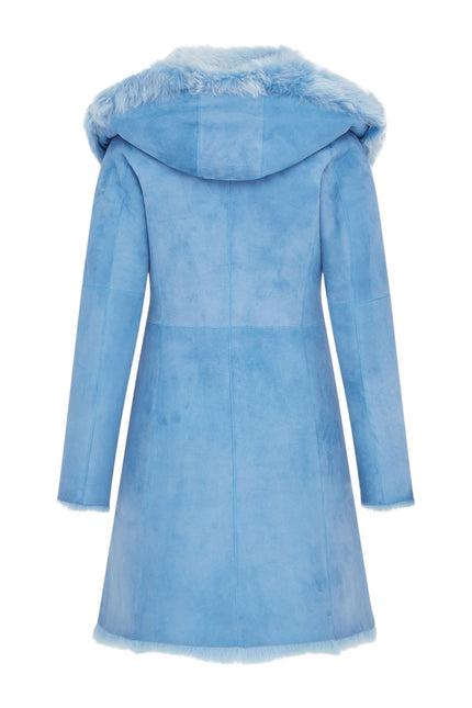 Womens Blue Toscana Sheepskin Suede Leather Hooded Trench Coat - Aura