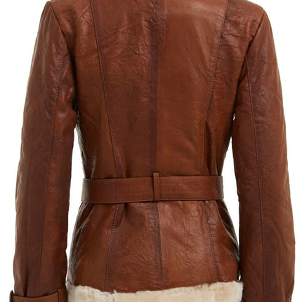 Womens Tan Double Breasted Sheepskin Aviator Jacket-Leshan