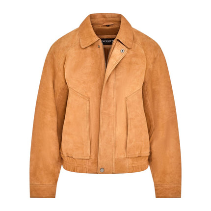 Womens Tan Leather Biker Bomber Oversized Jacket - Blouson