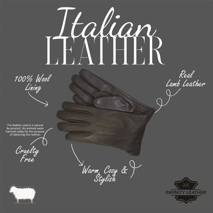Men’s Black Italian Leather Warm Wool Lining Winter Gloves - M-LGV-305