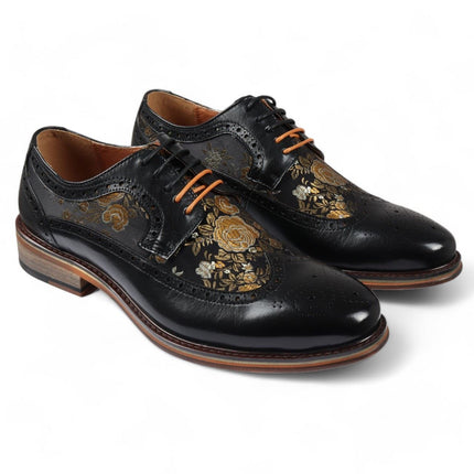 Justin Reess Men's Black Leather Floral Print Brogue Dress Shoes - Ross