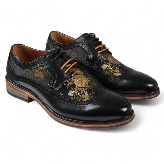 Justin Reess Men's Black Leather Floral Print Brogue Dress Shoes - Ross