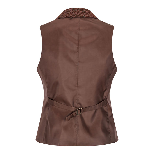 Women's Rust Brown Herringbone Wool Tweed Check Waistcoat