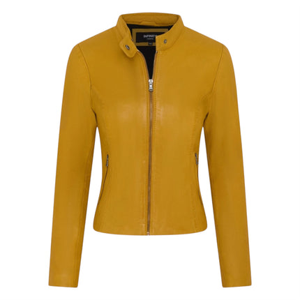 Womens Yellow Leather Stand Collar Racer Biker Jacket - 181