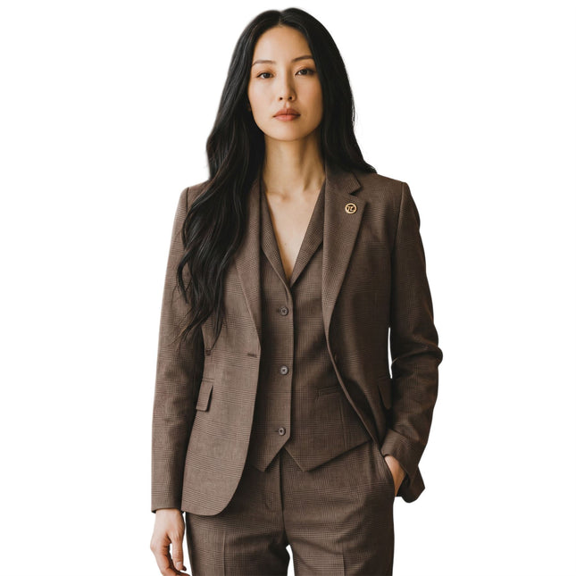 Women's Brown Three Piece Check Tailored Tweed Suit - TPW50