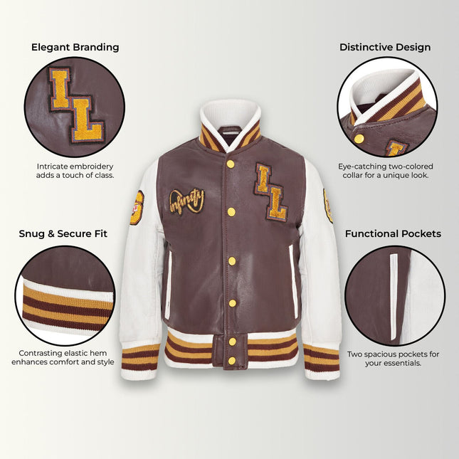 Kids Burgundy Letterman Leather Varsity College Bomber Jacket