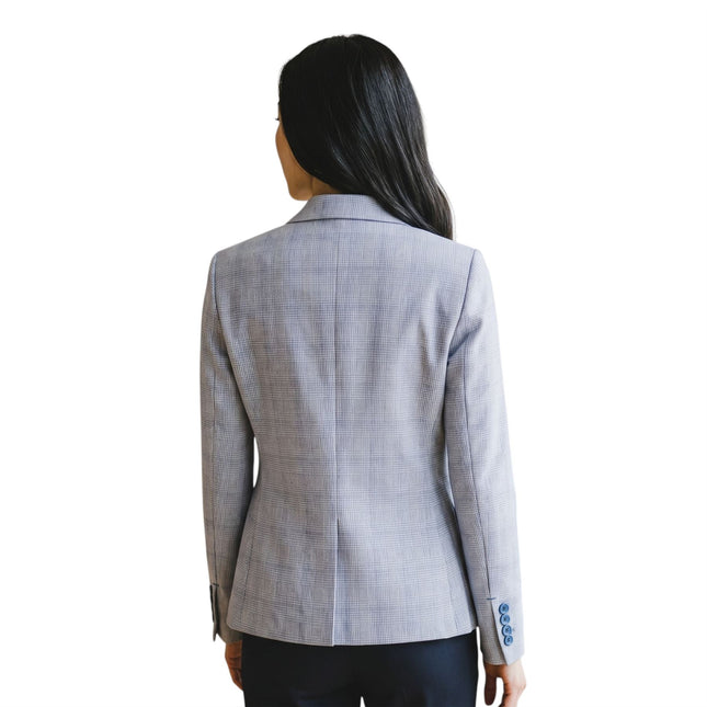Women's Blue Check Wool Blend Herringbone Tweed Tailored Blazer - Caridi