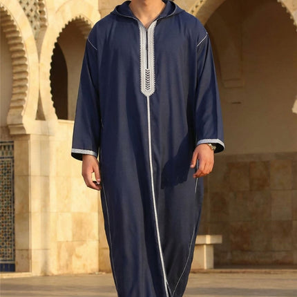 Men's Eid Navy Blue Hooded Moroccan Thobe Robe Djellaba Ramadan Jubba- HM3