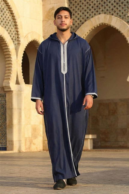 Men's Eid Navy Blue Hooded Moroccan Thobe Robe Djellaba Ramadan Jubba- HM3
