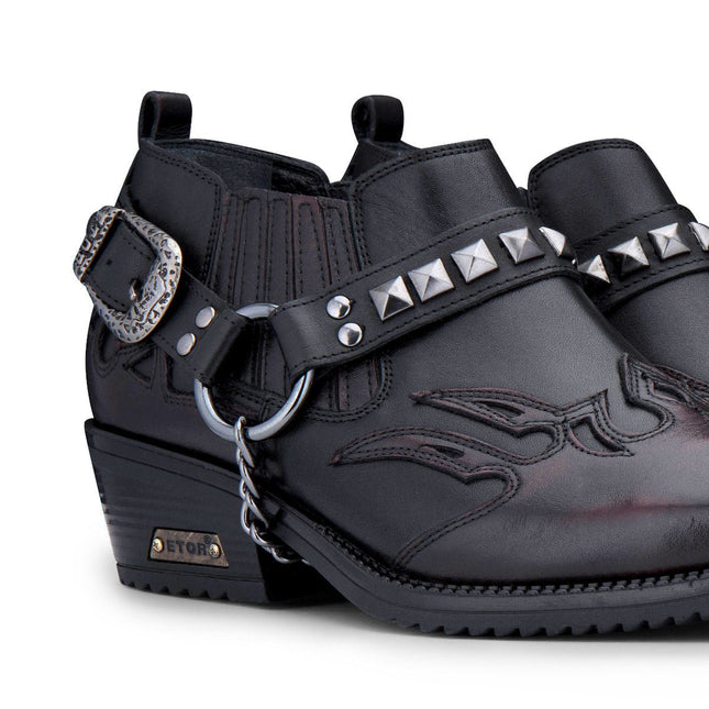 Men’S Black Leather Winklepicker Studded Western Biker Boots