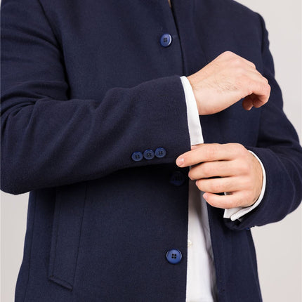 Men's Navy Stand Collar Wool Blend Overcoat