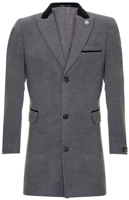 Mens 3/4 Grey Long Crombie Overcoat Jacket Herringbone Tweed Coat Peaky Blinder