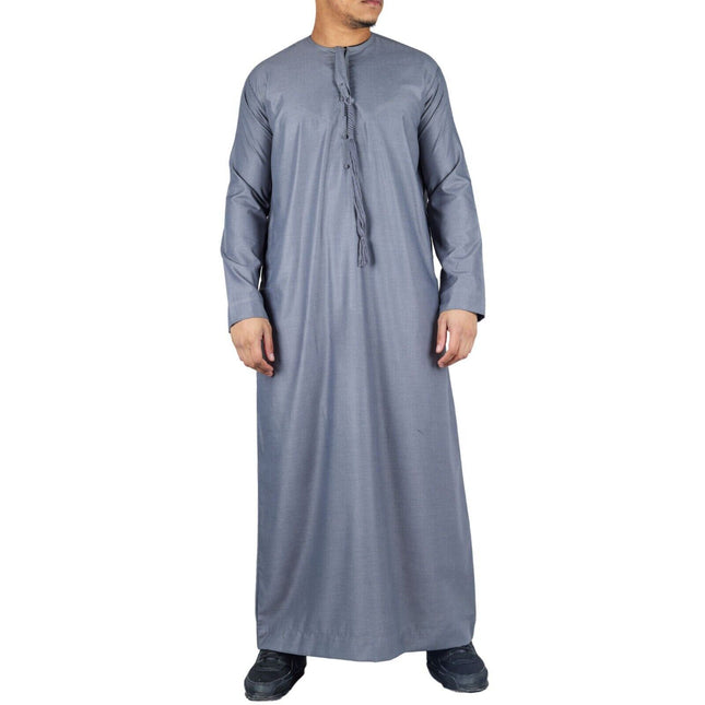 Men's Grey Thobe Emirati Islamic Jubba Robe Eid Tassel Regular Fit