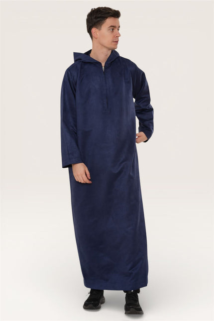 Men's Hooded Eid Navy Blue Moroccan Jubba Robe Ramadan Eid Thobe - HM12