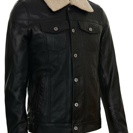 Mens Removable Collar Leather Trucker Jacket-Zagreb