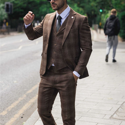 Men's Formal Brown Tweed  3 Piece Check Vintage Gatsby Style Suit