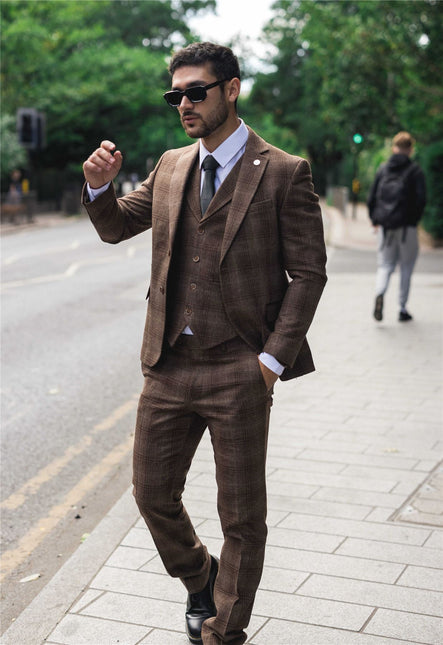 Men's Formal Brown Tweed  3 Piece Check Vintage Gatsby Style Suit