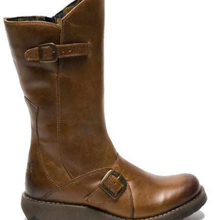 Fly London Womens Camel Mes 2 Wedge Heel Buckle Mid-Calf Leather Zip Platform Boots