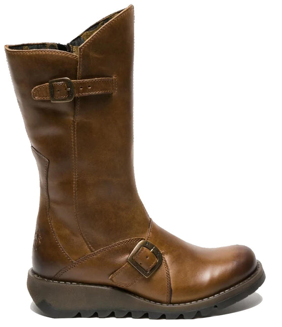 Fly London Womens Camel Mes 2 Wedge Heel Buckle Mid-Calf Leather Zip Platform Boots