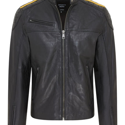 Men's Classic Quilted Black Yellow Leather Biker Jacket - Meridian