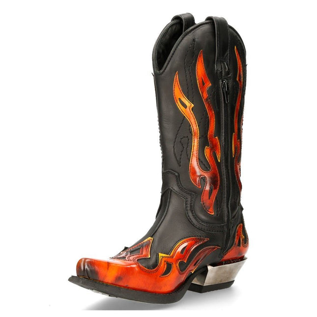 New Rock Flame Accented Black/Red Mid-Calf Cowboy Boots -7921-S2