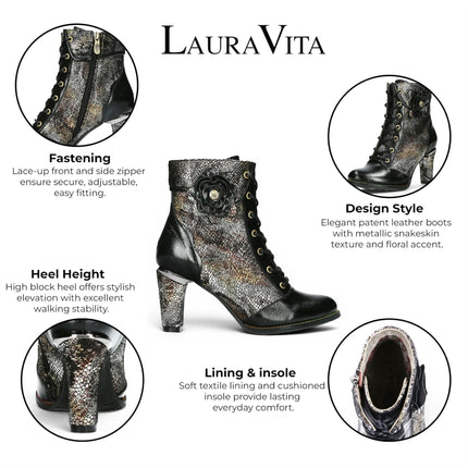 Laura Vita Women’s Black Leather Floral Heeled Lace-Up Boots - Alcbaneo 173