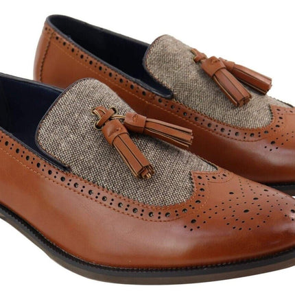 Mens Tasselled Tan Leather Tweed Slip On Loafers