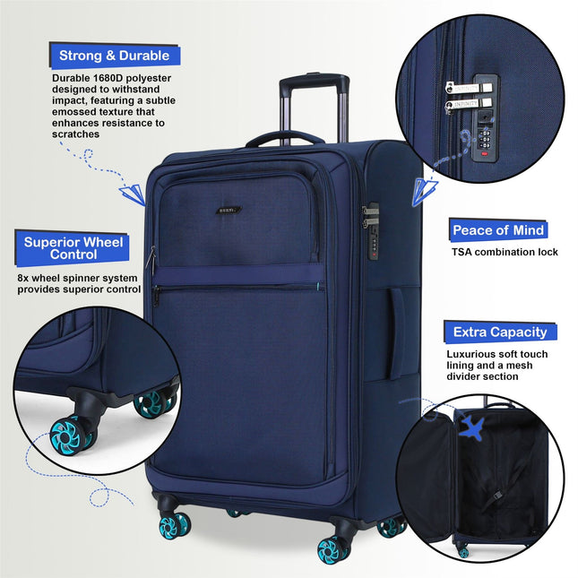 Soft Shell Blue 1680D Polyester Suitcase Set 8 Wheel TSA Lock Luggage