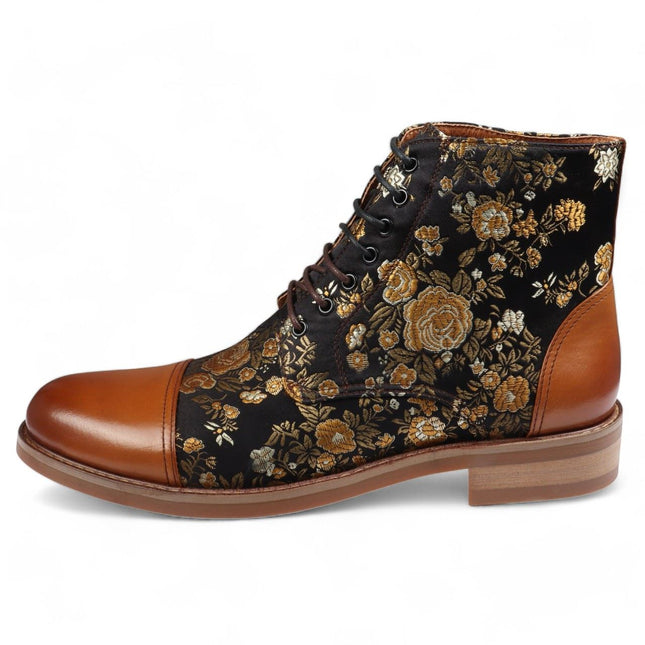 Justin Reess Men's Brown Floral Print Leather Oxford Ankle Boots - Adam