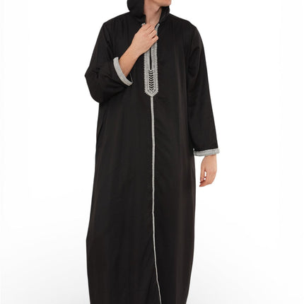 Men's Eid Black Hooded Moroccan Thobe Robe Djellaba Gandoura Ramadan Jubba- HM3