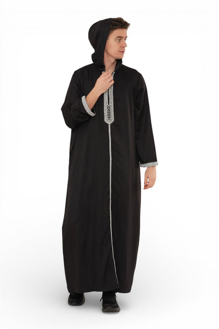 Men's Eid Black Hooded Moroccan Thobe Robe Djellaba Gandoura Ramadan Jubba- HM3