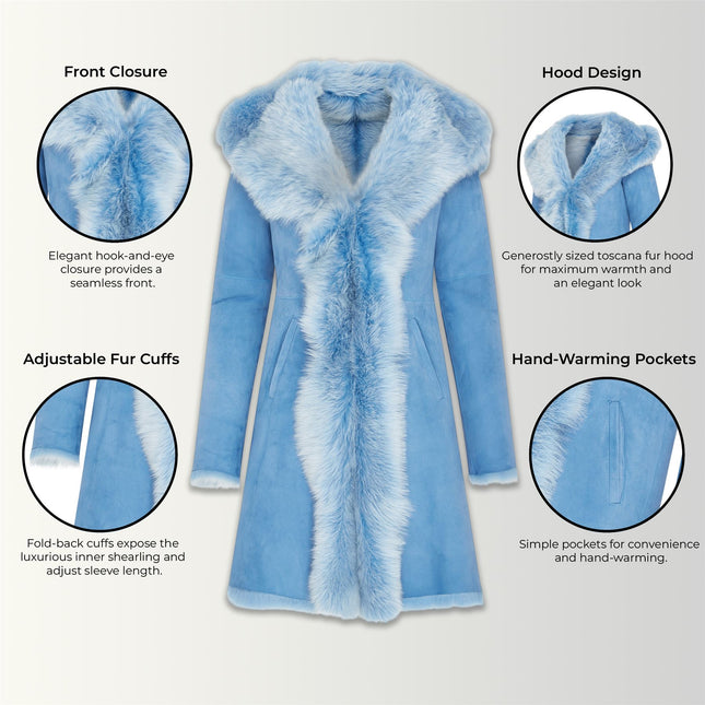 Womens Blue Toscana Sheepskin Suede Leather Hooded Trench Coat - Aura
