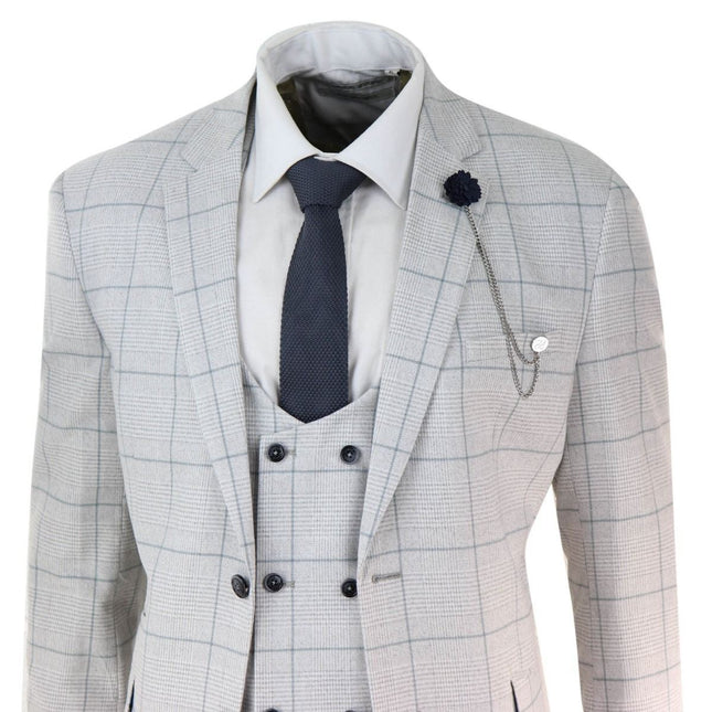 Mens 3 Piece Light Grey Check Tweed Vintage Retro Classic Suit