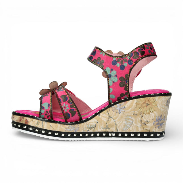 Laura Vita Women's Ballon 08 Fuschia Pink Floral Leather Wedge Espadrille Sandals