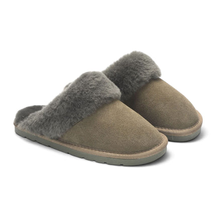 Women's Genuine Sheepskin Olive Green Suede Mule Winter Slippers - Luna