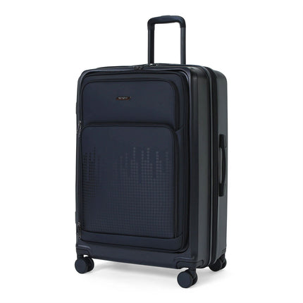Hybrid ABS+PU Hard Shell Black Suitcase Set 8 Wheel Front Pocket Luggage