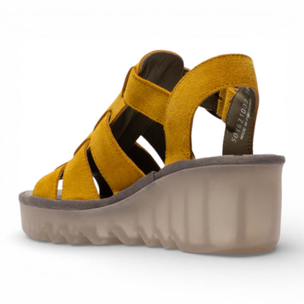 Fly London Women's BAIC621FLY Yellow Suede Leather Wedge Sandals