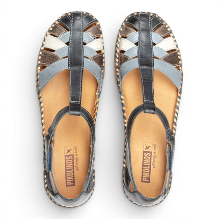 Pikolinos Women's Ocean Blue Leather Semi-Open Wedge Sandal Shoes - Cadaques