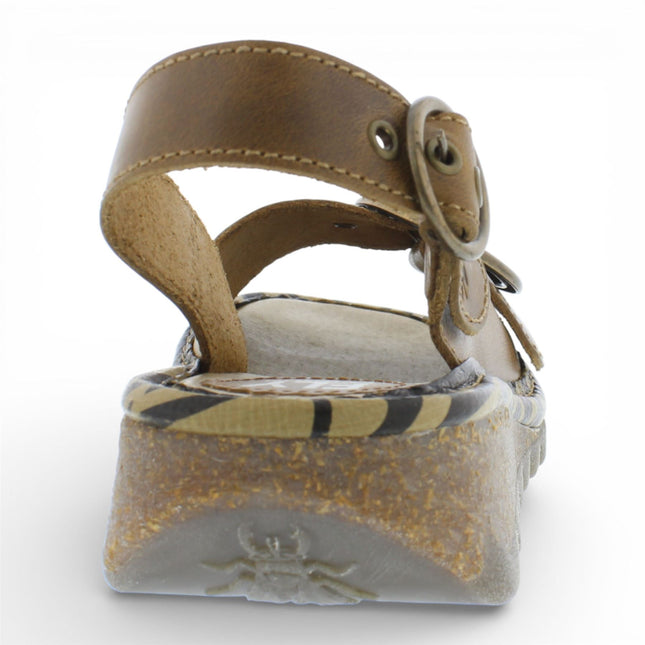 Fly London Women's TRAM723FLY Camel Brown Leather Wedge Sandals