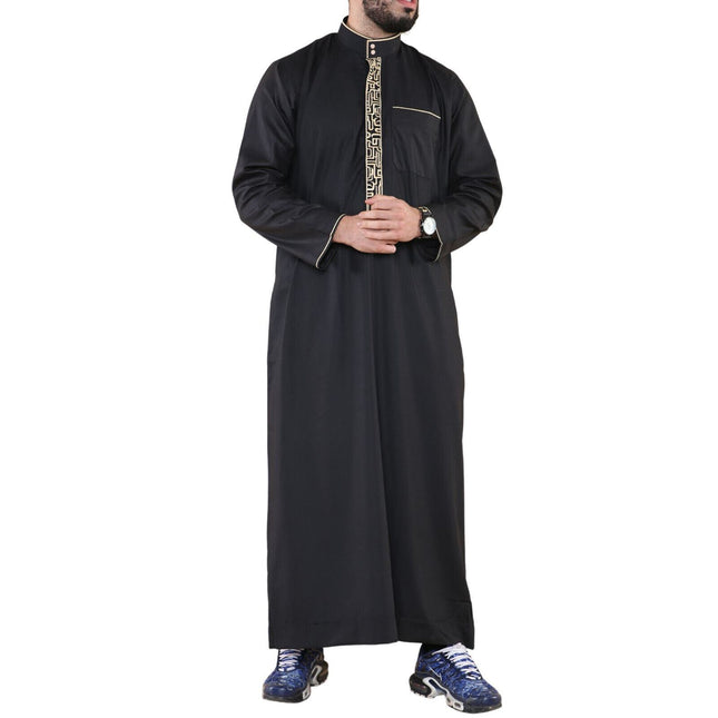 Mens Black Thobe Jubba Emirati Islamic Arabic Eid Embroidery Kaftan Jubbah Robe