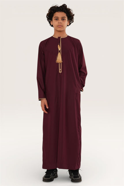 Kids Boys Ramadan Burgundy Red Moroccan Thobe Robe Emirati Eid Jubba- TT-003