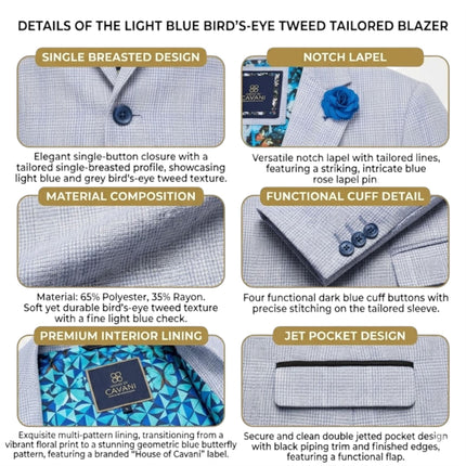 Women's Blue Check Wool Blend Herringbone Tweed Tailored Blazer - Caridi