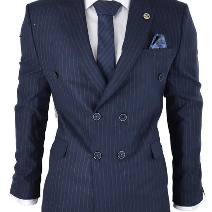 Mens Double Breasted Navy Blue Suit 2 Piece 1920s Pinstripe Peaky Blinders